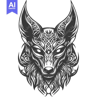 Aset desain premium: Ornate Wolf Head with Intricate Detailing and Geometric Patterns