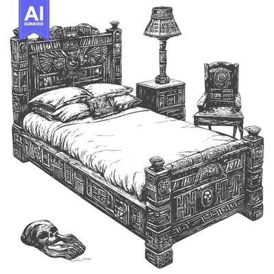 Aset premium populer: Ornate Wooden Bed with Skull and Lamp