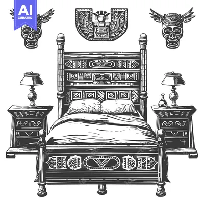 Premium design asset: Ornate Wooden Bed with Tribal Mask Decor