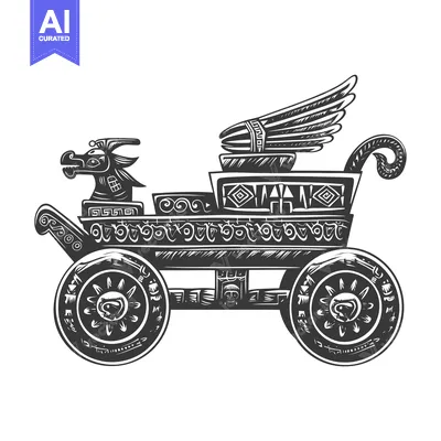Aset desain premium: Ornate Wooden Cart Drawn by a Mythical Creature with Wings