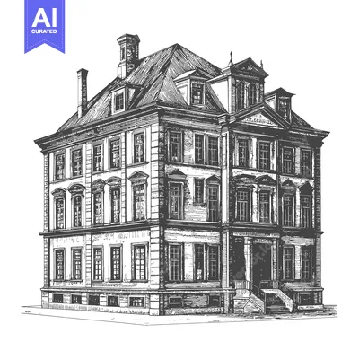 Aset premium populer: Detailed black and white illustration of a large three story building