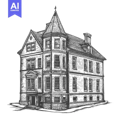 A detailed pen and ink drawing of a stately home