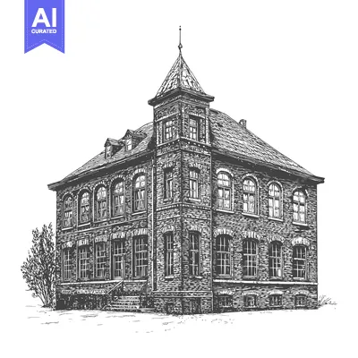 Aset premium populer: An illustrated three story brick building with a prominent tower