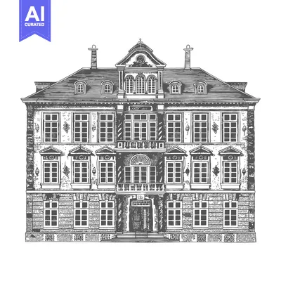 Aset premium populer: Detailed monochrome illustration depicting a stately grand historical