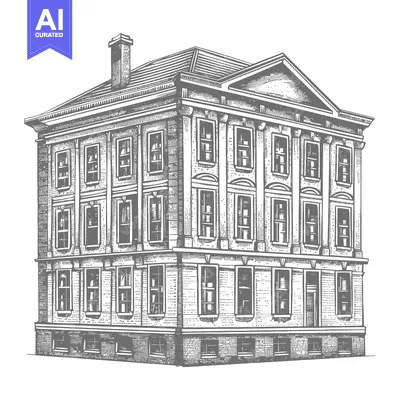 Aset premium populer: Detailed architectural illustration of a grand three story building fa