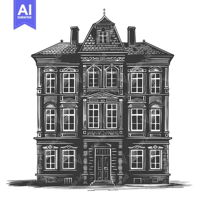 Aset desain premium: Detailed black and white illustration of a large historic building