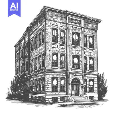 A three story brick building with many detailed windows and textures
