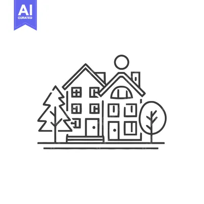 Minimalist Line Art: Suburban Houses with Trees and Sun Icon