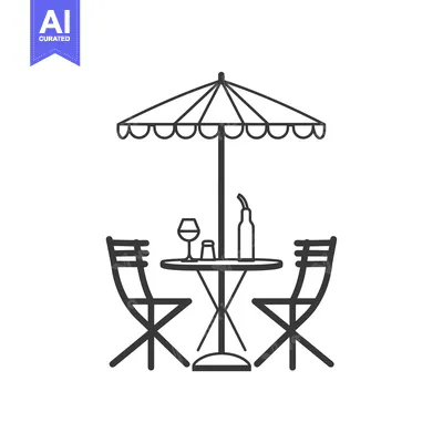 Outdoor dining table with umbrella, chairs, wine glass, bottle, and sa