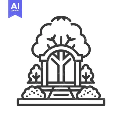 Minimalist Garden Archway Icon with Tree and Bushes Design