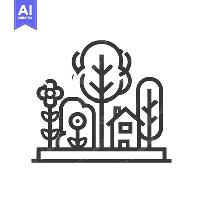 Aset premium populer: Minimalist Line Art: House, Trees, and Flowers in a Garden Setting