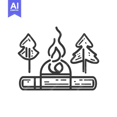 Aset desain premium: A simple illustration depicting a campfire with trees nearby