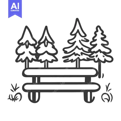 Aset desain premium: Black and white illustration depicts a park bench with evergreen trees