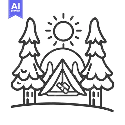 Simple line art depicts camping adventure in nature with trees
