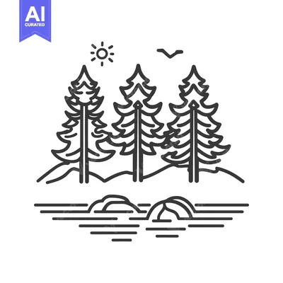 Aset premium populer: Simple black line art shows a forest landscape scene