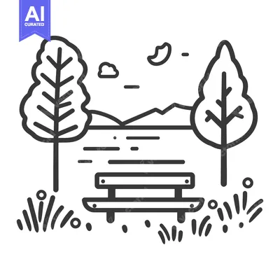 Premium design asset: Simple monochrome depiction of a park bench near the water