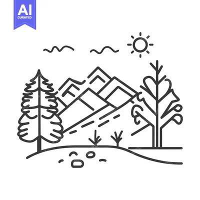 Aset desain premium: A simple illustrated line art depiction of a mountain landscape