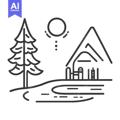 Aset desain premium: A simple line drawing of a cabin by the lake