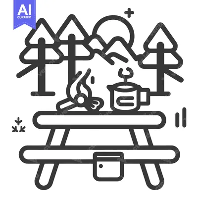 Aset premium populer: A picnic table scene with campfire mountains and trees