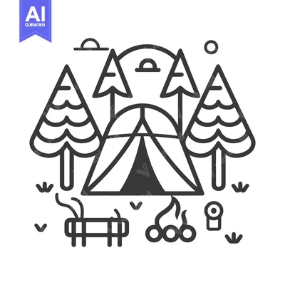 Aset desain premium: Camping scene featuring tent trees campfire and other outdoor elements