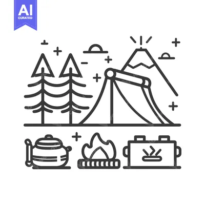 An illustrative outline of camping equipment with nature elements