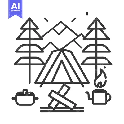 Premium design asset: Simple black and white illustration of a campsite outdoors