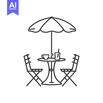 Outdoor Table with Umbrella, Two Chairs, and Drinks