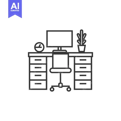 Aset desain premium: Outline Drawing of a Desk with a Computer, Chair, and Plant