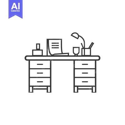 Outline Drawing of a Desk with Drawers and Office Supplies