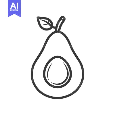 Outline drawing of a halved avocado with a pit and leaf