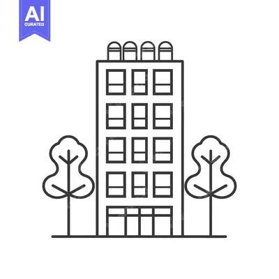 Aset premium populer: Outline drawing of a multi-story building with two trees