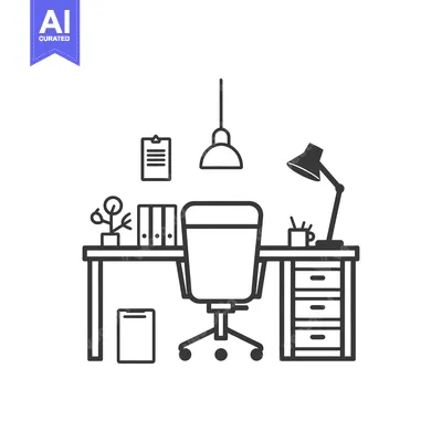 Popular premium asset: Outline drawing of an office workspace with a desk, chair, and lamp