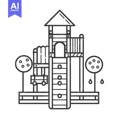Outline drawing of a wooden playground structure with a slide, climbin