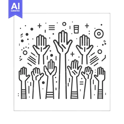 Outline drawing of multiple hands raised in the air