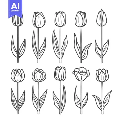 Aset desain premium: Outline Drawings of Ten Tulips in Various Stages of Bloom