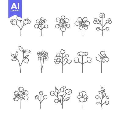 Aset desain premium: Outline Drawings of Various Flower and Leaf Arrangements