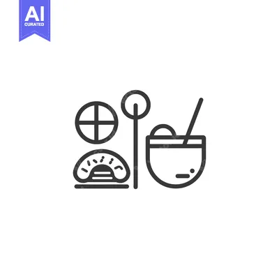 Outline Icon of a Croissant, a Stir Stick, and a Bowl with Ice Cream
