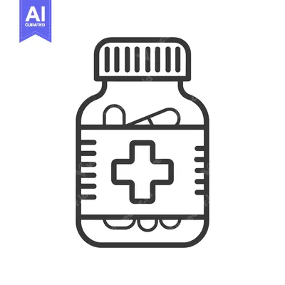 Aset premium populer: Outline Icon of a Pill Bottle with Pills and a Cross