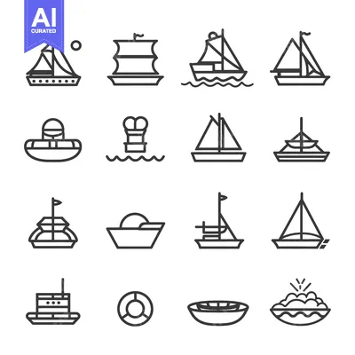 Outline Icons Depicting Various Types of Boats and Watercraft