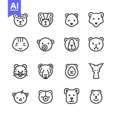 Aset desain premium: Outline Icons of Animal Heads with Different Expressions