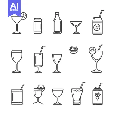 Outline Icons of Various Drinks with Straws and Garnishes