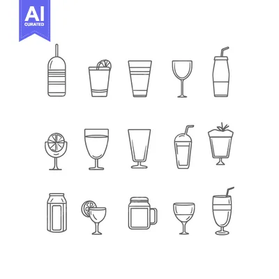 Outline Icons of Various Glassware and Containers for Beverages