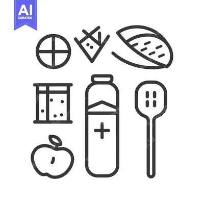 Popular premium asset: Outline Icons of Various Objects: Apple, Bottle, Spoon, and More