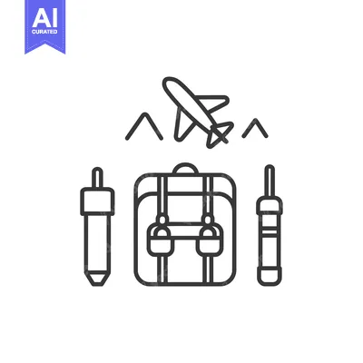 Aset desain premium: Outline Illustration of a Backpack, Two Water Bottles, and an Airplane
