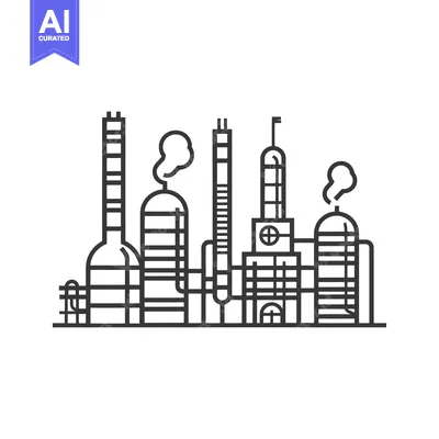 Aset premium populer: Outline Illustration of a Chemical Processing Plant with Smoke Stacks