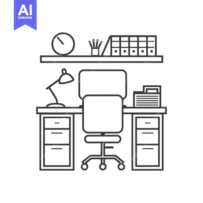 Premium design asset: Outline Illustration of a Desk with a Chair and Office Supplies