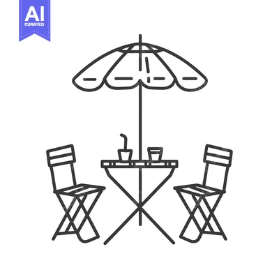 Aset premium populer: Outline illustration of a picnic table and chairs under an umbrella