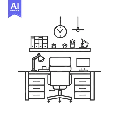 Premium design asset: Outline illustration of a simple office desk and chair setup