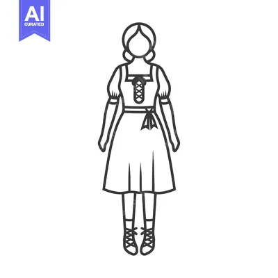 Outline Illustration of a Woman in a Traditional German Dirndl Dress