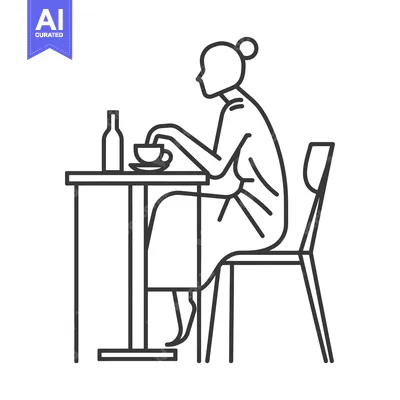 Popular premium asset: Outline Illustration of a Woman Sitting at a Table with a Cup and Bott